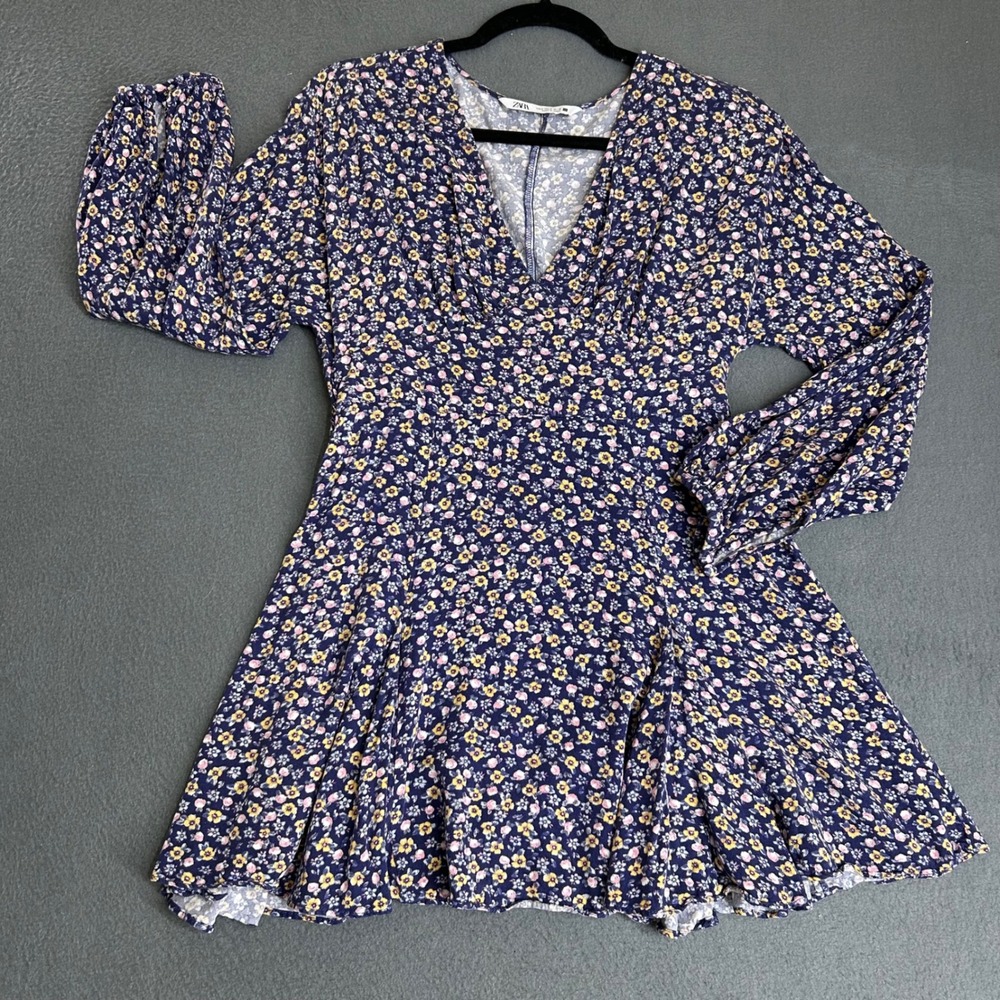 Zara Dress Womens Small Blue Floral V-Neck Long Sleeve Pleated Mini Boho Summer